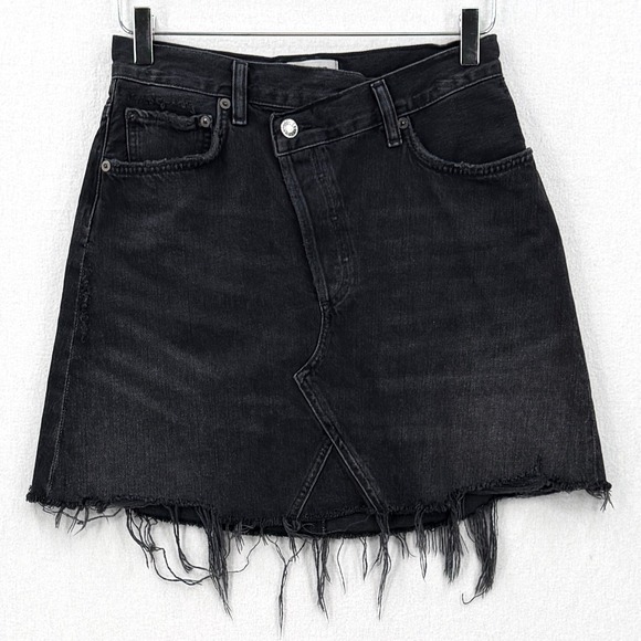 AGOLDE Criss Cross Skirt Women 26 Black Denim Mini Frayed Hem Asymmetric Waist - Picture 7 of 16